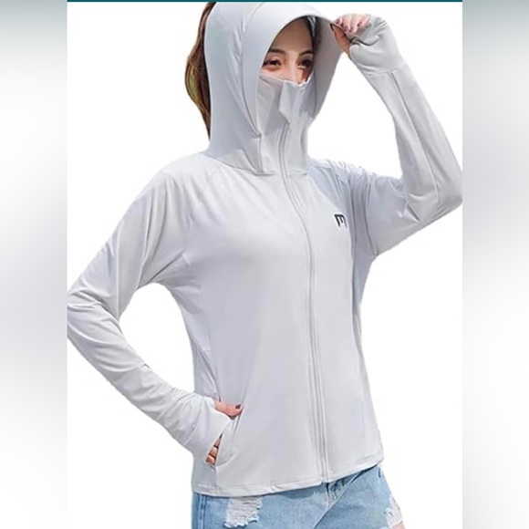 WOMEN RASH GUARD SUN PROTECTION JACKET SUN SHADE HOODIE ZIPPER - Picture 10 of 11
